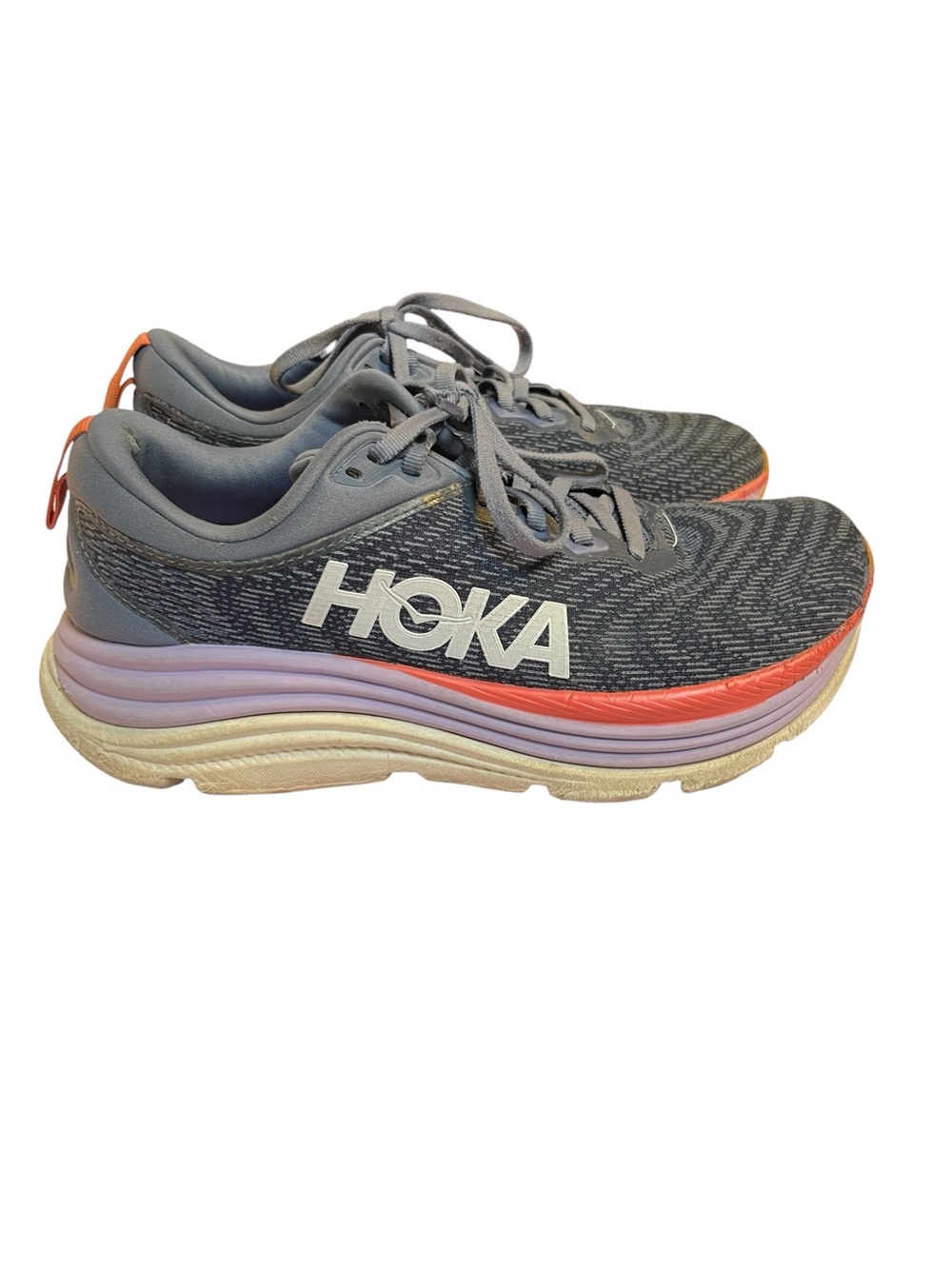 Hoka Gray Running Sneakers with Coral and Lavender Accents